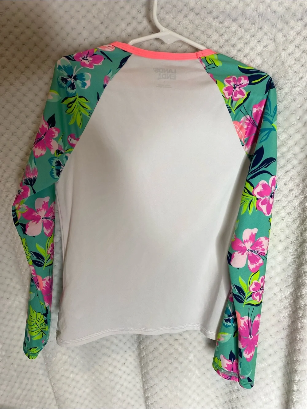 Lands' End White Raglan Rashguard Swim Top with Tropical print Sleeves & Neon